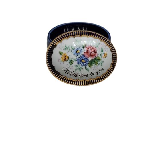Vintage Avon Trinket Box Mothers Day 1986 Cobalt Blue Porcelain Gold Trim Floral - Picture 3 of 6